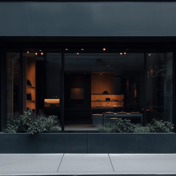 Mockup storefront, shop facade and window. Template for storefront window, classic boutique design. Empty window, retail front, store facade, traditional storefront style. Realistic style photo